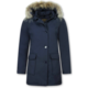 Jacken mit Fellkragen - Winterjacken Damen Lange - Parka Wooly - Paspeltasche - Blau