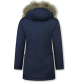 Beluomo Jacken mit Fellkragen - Winterjacken Damen Lange - Parka Wooly - Paspeltasche - Blau