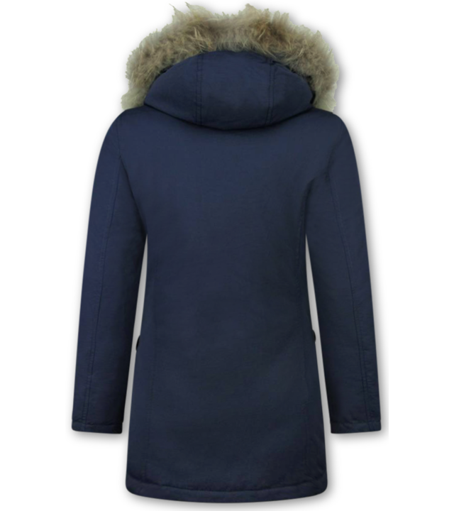 Beluomo Jacken mit Fellkragen - Winterjacken Damen Lange - Parka Wooly - Paspeltasche - Blau