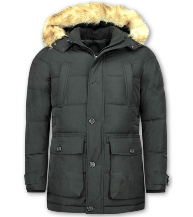 Enos Winterjacke Herren - Parka Lang mit Fellkragen - 4Pocet - Schwarz