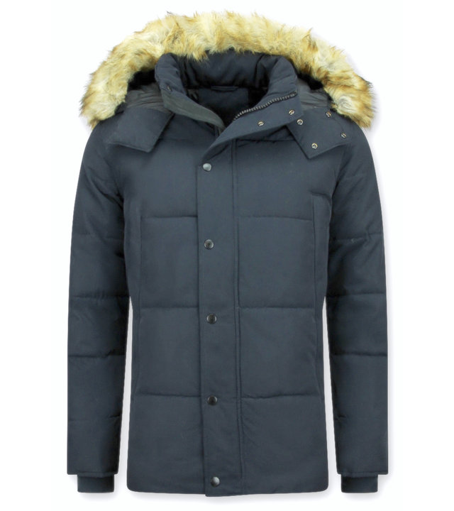 Enos Winterjacke Herren - Parka Lang mit Kunstfell Kragen - 4Pocet - Blau