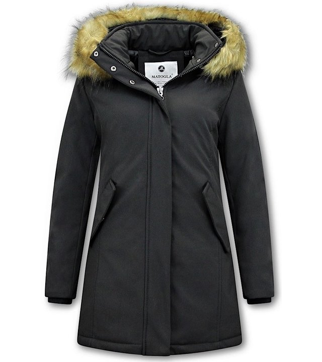 Matogla Damen Winterjacke mit Kunstpelzkragen - Slim Fit - Schwarz