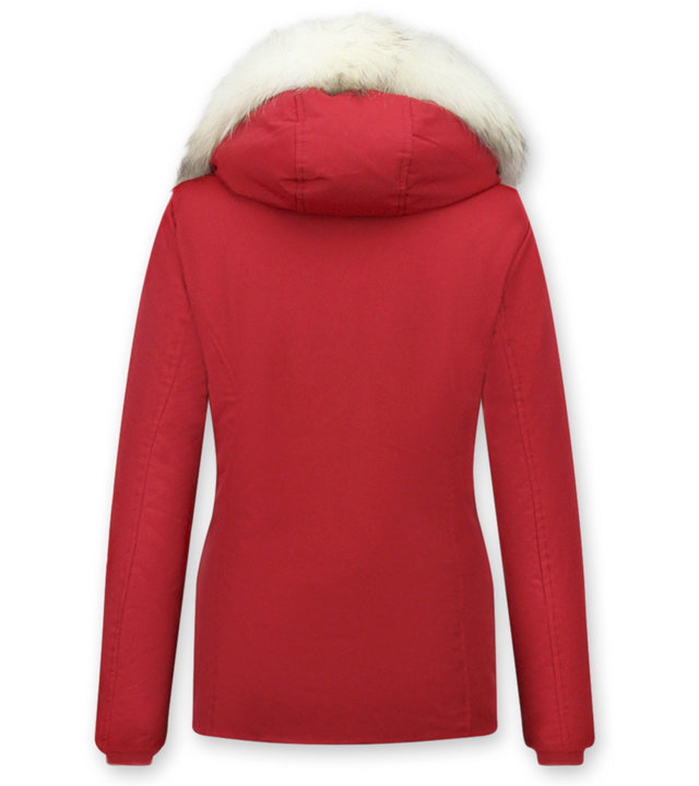 Damen Winterjacke mit Kapuze Pelz Rot | NEU