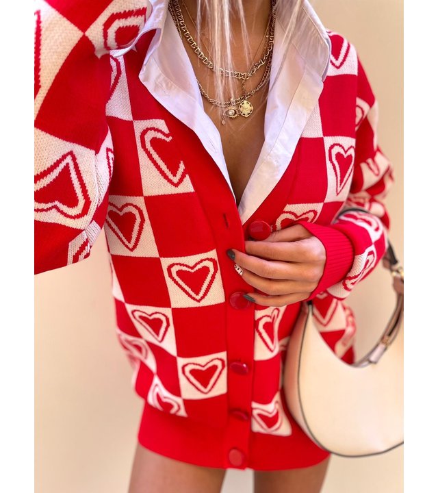 QU-Style Übergroße Damen-Strickjacke mit rotem Herz -22254 - Rot
