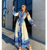 Msn-Collection Royal Long Flowers Kleid - 21306 - Weiß / Blau