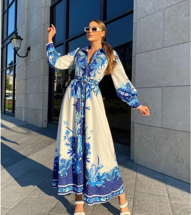 Msn-Collection Royal Long Flowers Kleid - 21306 - Weiß / Blau