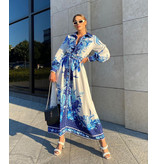 Msn-Collection Royal Long Flowers Kleid - 21306 - Weiß / Blau