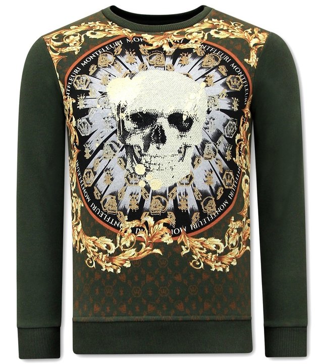 Tony Backer Sweatshirt Herren Totenkopf  Strass - 3796 - Grün