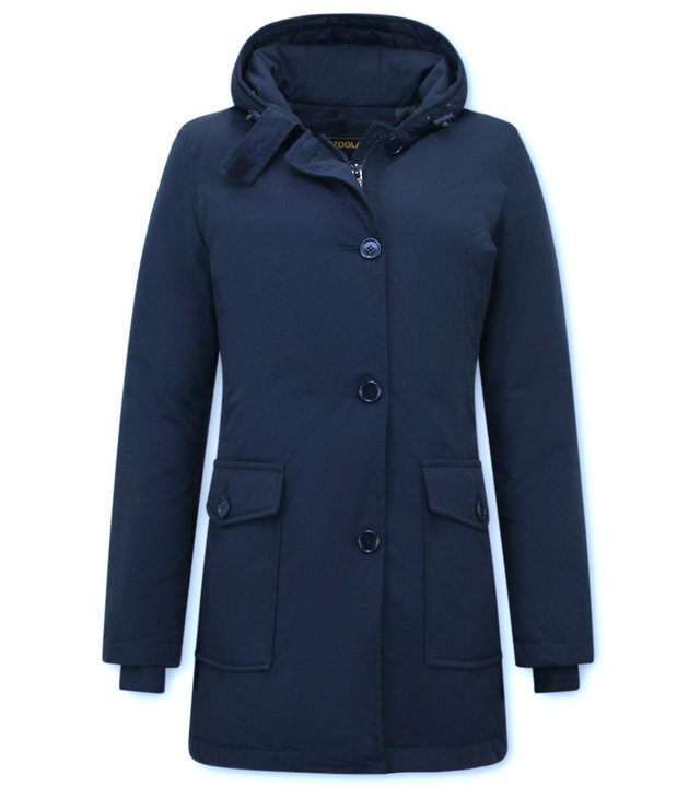 Matogla Damen Lange Winterjacke Tailliert Blau