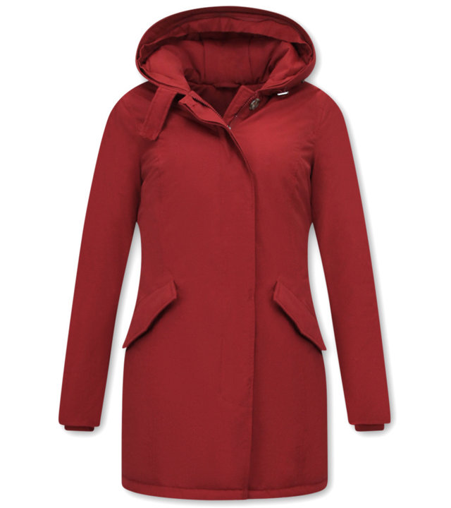 TheBrand Damen Winterjacke Lang Tailliert mit Kapuze - Rot