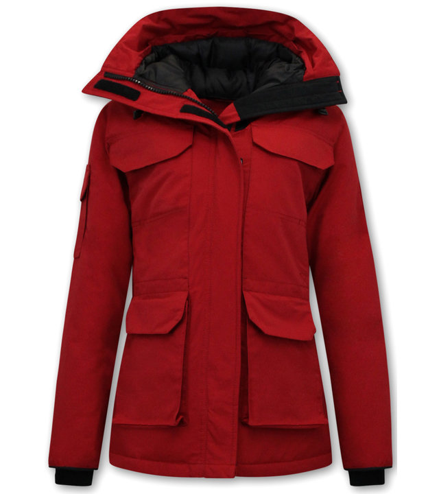 Matogla Kurze Winterjacke Damen Rot mit Kapuze