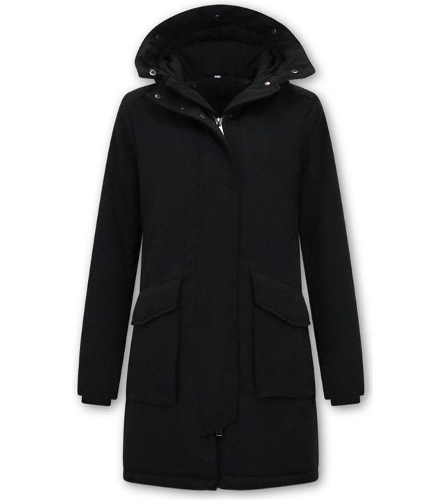 Gentile Bellini Lange Schwarze Lange Winterjacke Damen mit Kapuzen Jas Dames Parka - 2728 - Zwart