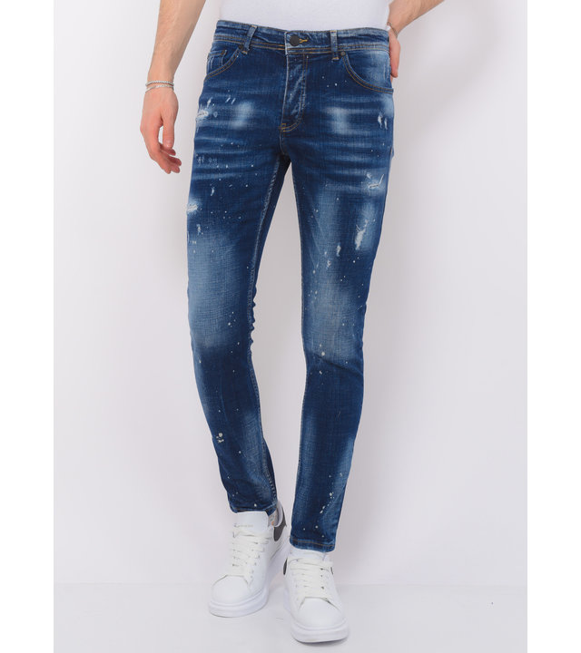 Local Fanatic Men's Paint Splatter Stonewashed Hosen Slim Fit -1077- Blau