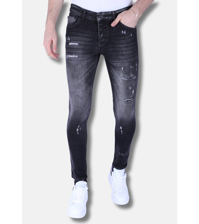 Local Fanatic Herren Slim Fit Stone Wash Jeans mit Löchern -1102 - Grau