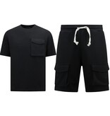 TopStar Geripptes Oversized-T-Shirt - Herren-Jogging-Shorts - SET - Schwarz