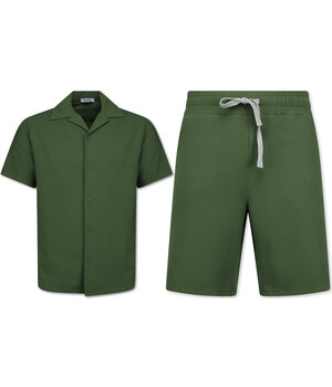 Enos Twinset – Geripptes Oversize Hemd – Sommer Set für Herren – Zweiteiliges Set – Kombi Set – F 915 – Grün