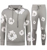 TopStar Dick gewebter Herren Trainingsanzug mit Allover Blumenmuster – Herren Blumenanzug – Twinset – 5991 – Grau