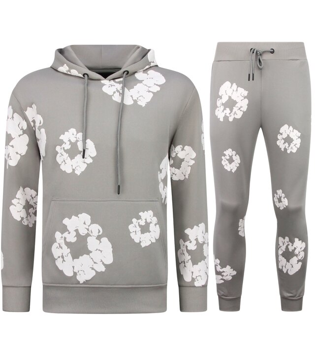 TopStar Dick gewebter Herren Trainingsanzug mit Allover Blumenmuster – Herren Blumenanzug – Twinset – 5991 – Grau