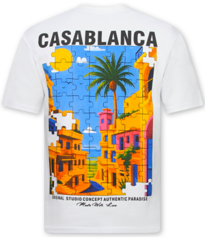 True Rise Übergroßes Herren-T-Shirt Casablanca – Herren-T-Shirt mit Puzzle-Print – 1997 – Weiß