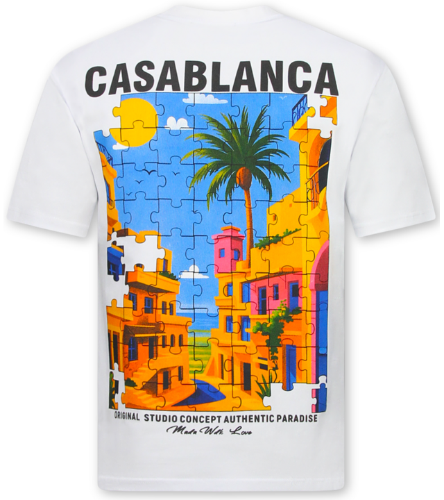 True Rise  Übergroßes Herren-T-Shirt Casablanca – Herren-T-Shirt mit Puzzle-Print – 1997 – Weiß