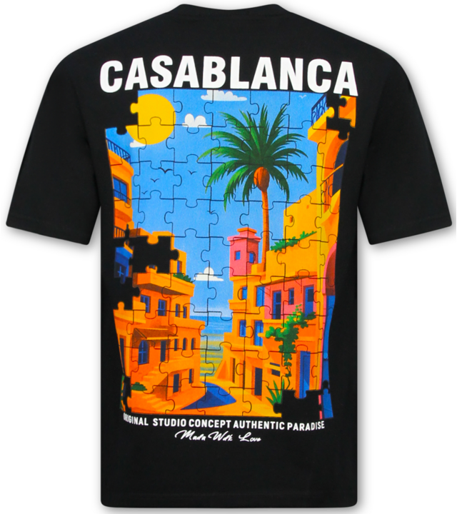 True Rise Casablanca Oversized Herren-T-Shirt – Herren-T-Shirt mit Puzzle-Print – 1987 – Schwarz
