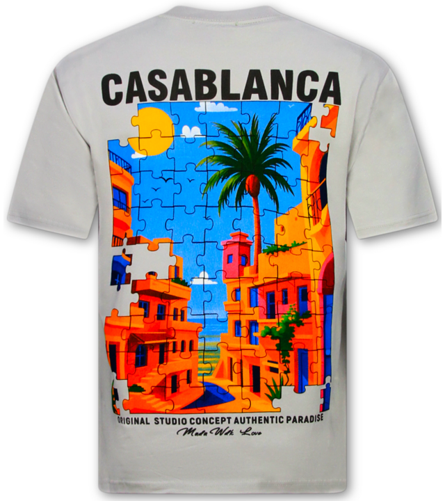 True Rise Casablanca Herren-Oversize-T-Shirt – Herren-T-Shirt mit Puzzle-Print – 1987 – Grau