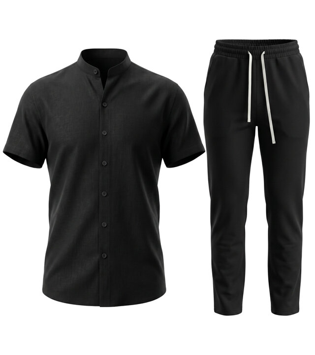 Enos Herren-Sommer-Set – Herren-Sommerhose – Hemd und Hose – Twinset – C211 – Schwarz