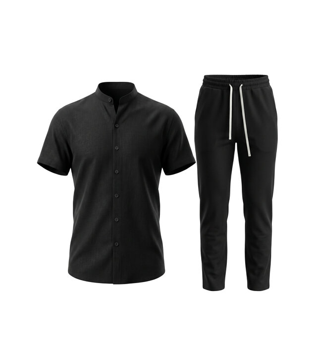 Enos Herren-Sommer-Set – Herren-Sommerhose – Hemd und Hose – Twinset – C211 – Schwarz