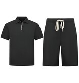 Enos Herren-Sommer-Set – Geripptes Oversize-Poloshirt und Shorts – Kombi-Set – F-5827 – Schwarz