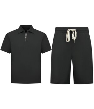 Enos Herren-Sommer-Set – Geripptes Oversize-Poloshirt und Shorts – Kombi-Set – F-5827 – Schwarz