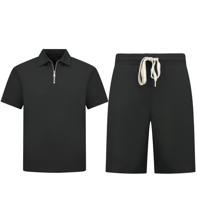 Enos Herren-Sommer-Set – Geripptes Oversize-Poloshirt und Shorts – Kombi-Set – F-5827 – Schwarz