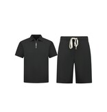 Enos Herren-Sommer-Set – Geripptes Oversize-Poloshirt und Shorts – Kombi-Set – F-5827 – Schwarz