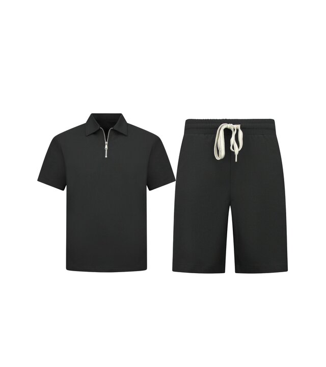 Enos Herren-Sommer-Set – Geripptes Oversize-Poloshirt und Shorts – Kombi-Set – F-5827 – Schwarz