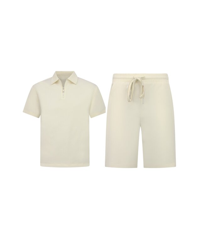 Enos Herren-Sommer-Set – Geripptes Oversize-Poloshirt und Shorts – Kombi-Set – F-5827 – Beige