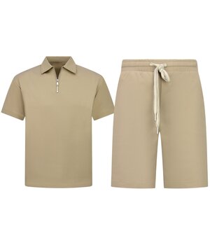 Enos Herren-Sommer-Set – Geripptes Oversize-Poloshirt und Shorts – Kombi-Set – F-5827 – Braun