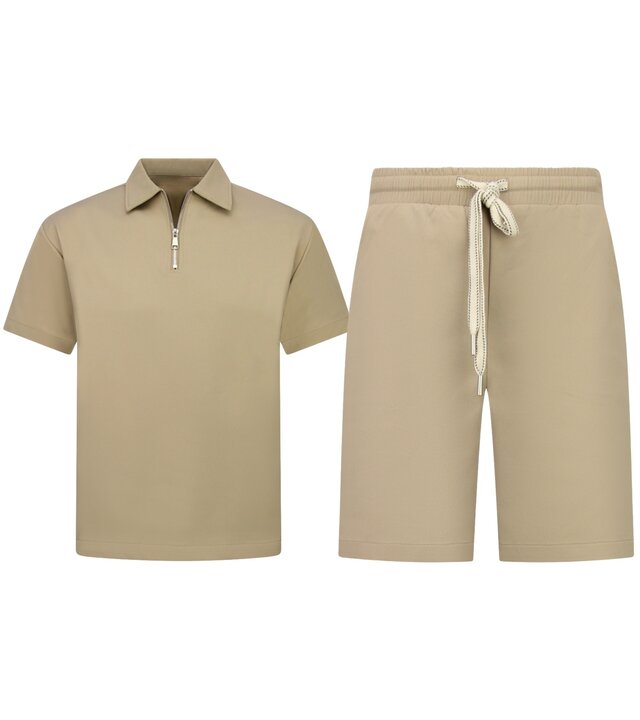 Enos Herren-Sommer-Set – Geripptes Oversize-Poloshirt und Shorts – Kombi-Set – F-5827 – Braun