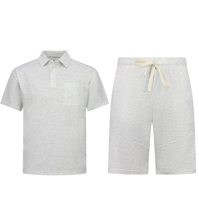 Enos Herren-Sommer-Set – Geripptes Oversize-Poloshirt – Herrenshorts / Herren-Oversize-T-Shirt – Twinset – F-5828 – Grau