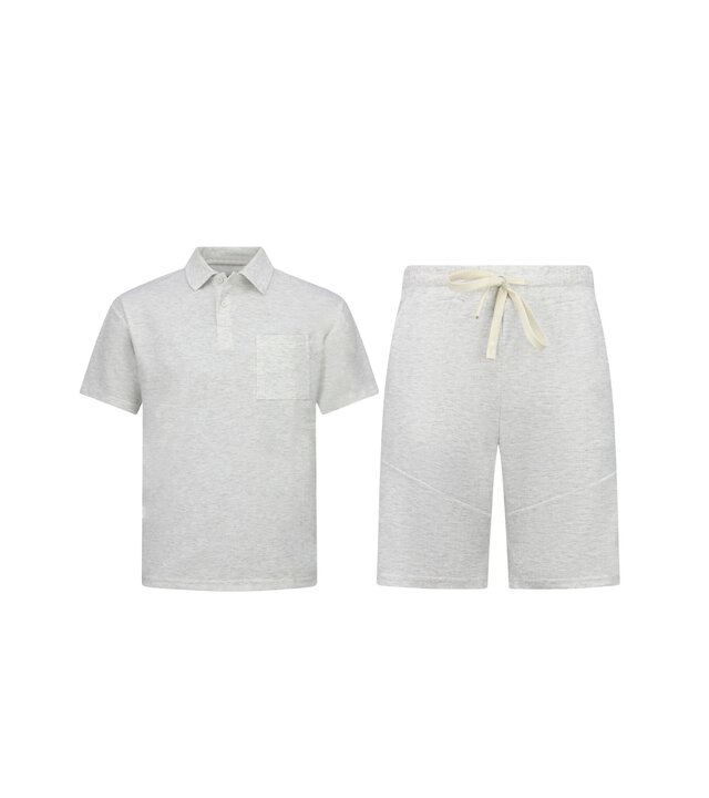 Enos Herren-Sommer-Set – Geripptes Oversize-Poloshirt – Herrenshorts / Herren-Oversize-T-Shirt – Twinset – F-5828 – Grau
