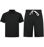 Enos Herren-Sommer-Set – Geripptes Oversize-Poloshirt – Herrenshorts / Herren-Oversize-T-Shirt – Twinset – F-5828 – Schwarz