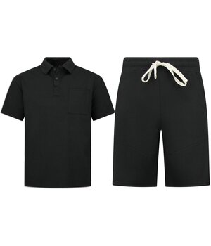 Enos Herren-Sommer-Set – Geripptes Oversize-Poloshirt – Herrenshorts / Herren-Oversize-T-Shirt – Twinset – F-5828 – Schwarz