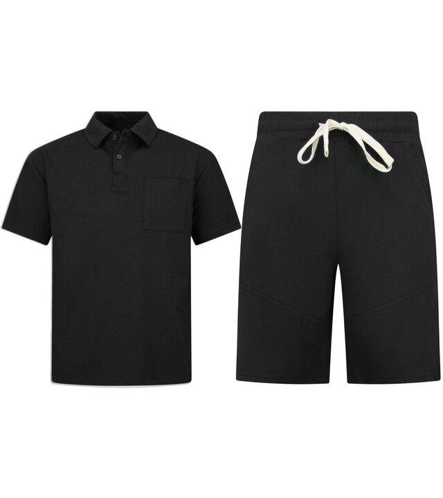 Enos Herren-Sommer-Set – Geripptes Oversize-Poloshirt – Herrenshorts / Herren-Oversize-T-Shirt – Twinset – F-5828 – Schwarz