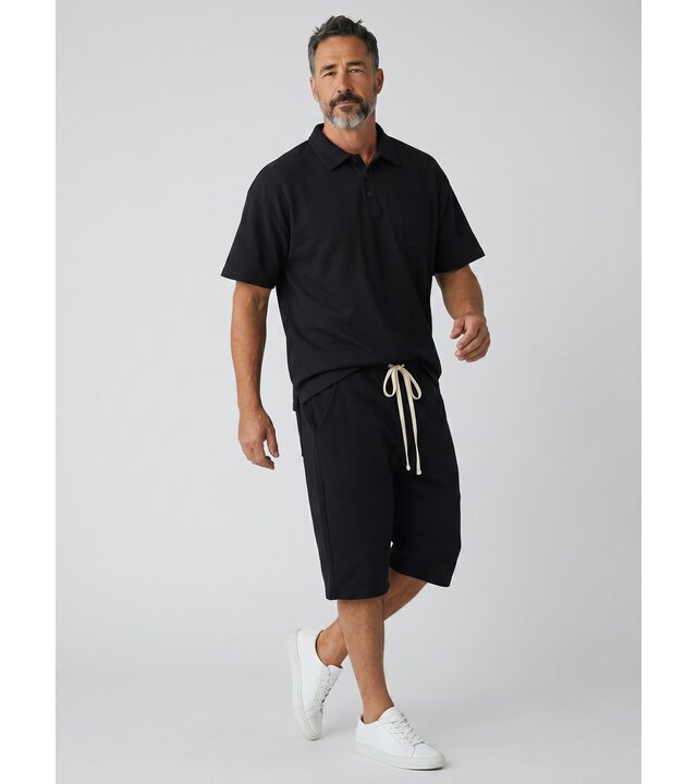 Enos Herren-Sommer-Set – Geripptes Oversize-Poloshirt – Herrenshorts / Herren-Oversize-T-Shirt – Twinset – F-5828 – Schwarz