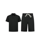 Enos Herren-Sommer-Set – Geripptes Oversize-Poloshirt – Herrenshorts / Herren-Oversize-T-Shirt – Twinset – F-5828 – Schwarz