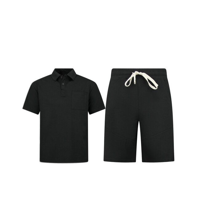 Enos Herren-Sommer-Set – Geripptes Oversize-Poloshirt – Herrenshorts / Herren-Oversize-T-Shirt – Twinset – F-5828 – Schwarz