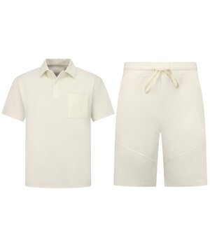Enos Herren-Sommer-Set – Geripptes Oversize-Poloshirt – Herrenshorts / Herren-Oversize-T-Shirt – Twinset – F-5828 – Beige