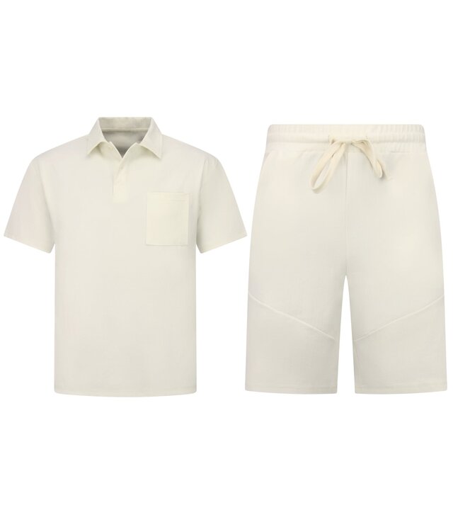 Enos Herren-Sommer-Set – Geripptes Oversize-Poloshirt – Herrenshorts / Herren-Oversize-T-Shirt – Twinset – F-5828 – Beige