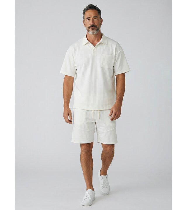 Enos Herren-Sommer-Set – Geripptes Oversize-Poloshirt – Herrenshorts / Herren-Oversize-T-Shirt – Twinset – F-5828 – Beige