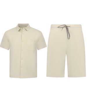 Enos Herren-Sommer-Set – Geripptes Oversize-Hemd und Shorts – Zweiteiliges Set – F-5830 – Beige