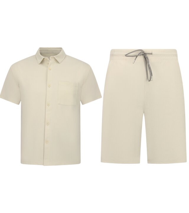 Enos Herren-Sommer-Set – Geripptes Oversize-Hemd und Shorts – Zweiteiliges Set – F-5830 – Beige