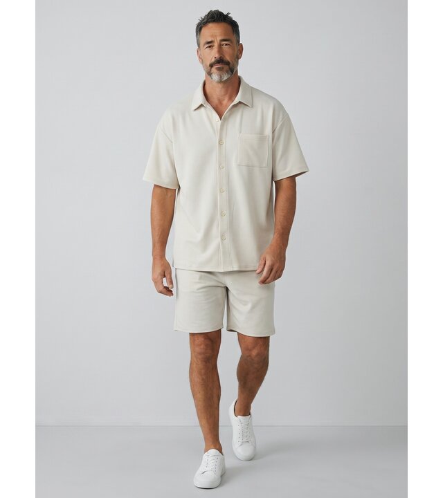 Enos Herren-Sommer-Set – Geripptes Oversize-Hemd und Shorts – Zweiteiliges Set – F-5830 – Beige